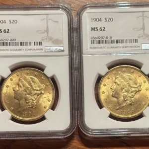 TWINS 2 X 1904 $20 Double Eagle Liberty Gold NGC MS-62 Sequential Coins