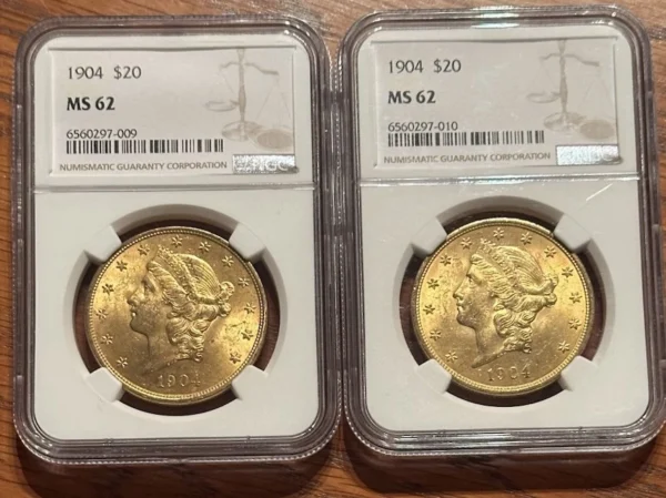 TWINS 2 X 1904 $20 Double Eagle Liberty Gold NGC MS-62 Sequential Coins
