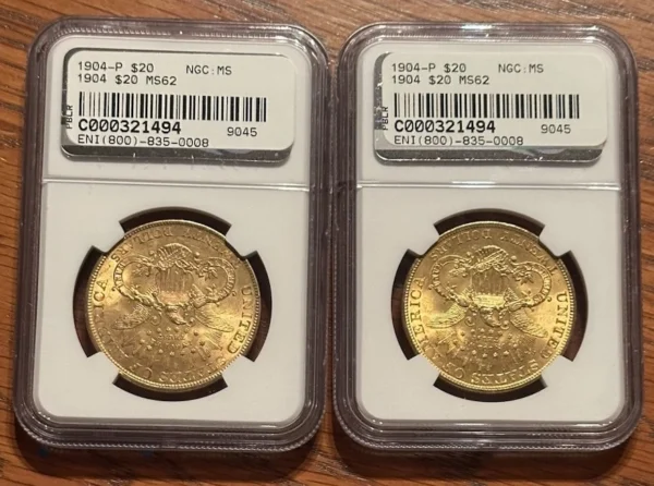 TWINS 2 X 1904 $20 Double Eagle Liberty Gold NGC MS-62 Sequential Coins - Image 2