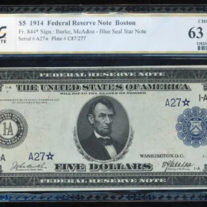 FR.844* 1914 $5 FEDERAL RESERVE NOTE "STAR NOTE" PCGS63 PPQ "SERIAL #27"