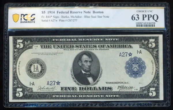 FR.844* 1914 $5 FEDERAL RESERVE NOTE "STAR NOTE" PCGS63 PPQ "SERIAL #27"