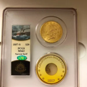 1857 S SS Central America $20 GOLD  double Eagle  PCGS  MS-63  Narrow Serif