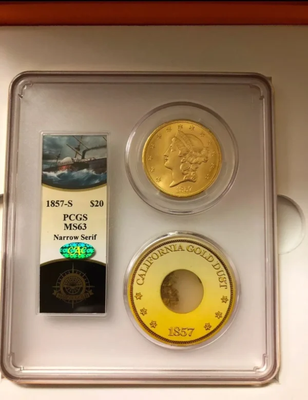 1857 S SS Central America $20 GOLD  double Eagle  PCGS  MS-63  Narrow Serif