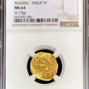 1644 -1661 A GOLD MADRID SPAIN 2 ESCUDOS PHILIP IV COIN MINT NGC MS 64