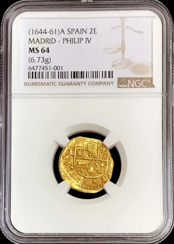1644 -1661 A GOLD MADRID SPAIN 2 ESCUDOS PHILIP IV COIN MINT NGC MS 64