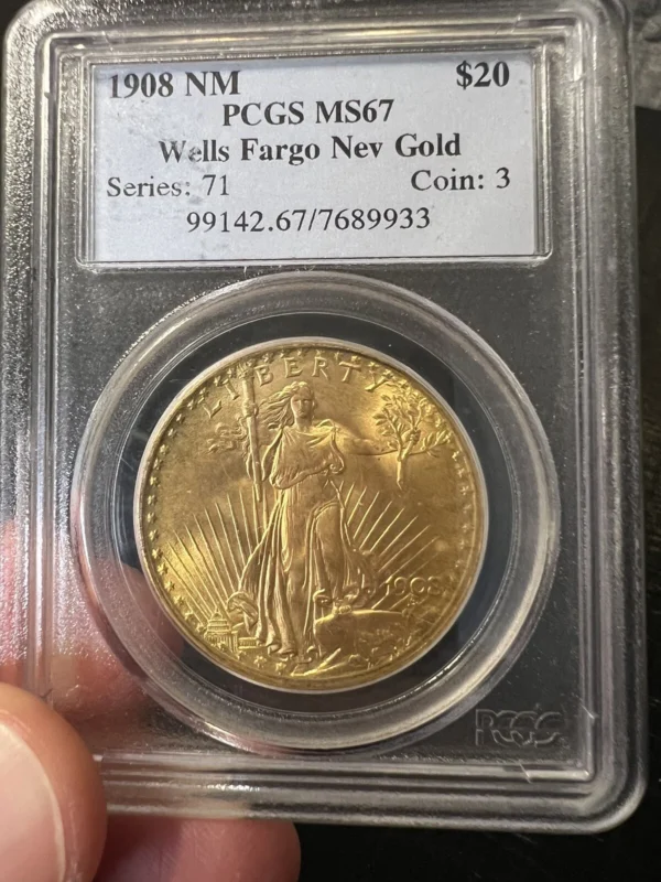 US Gold $20 Saint-Gaudens 1908 No Motto Wells Fargo - MS67 - PCGS 7689933
