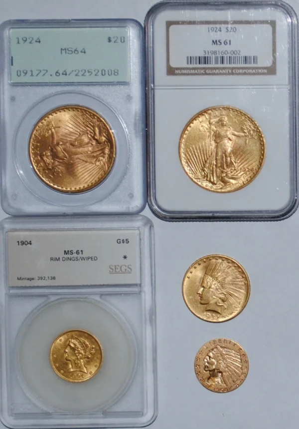 US Gold Coin Lot!! Two 1924 $20 St Gaudens plus a $10 and two $5 gold coins