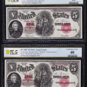 US 1907 $5 Woodchopper RARE Changeover Pair FR 91 & FR 92 w/PCBLIC Error PCGS 40