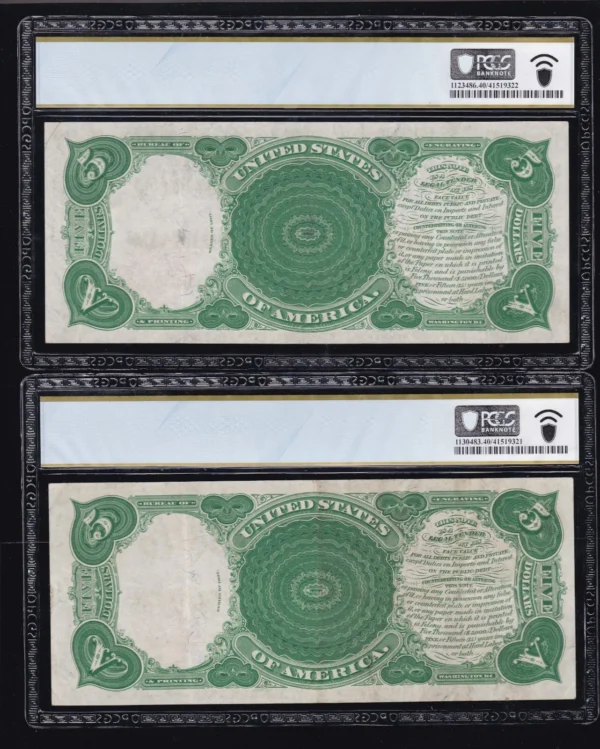 US 1907 $5 Woodchopper RARE Changeover Pair FR 91 & FR 92 w/PCBLIC Error PCGS 40 - Image 2