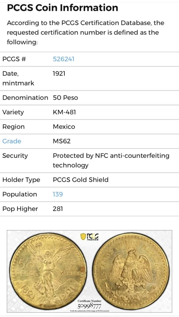 Mexico 1921 Gold 50 Peso PCGS MS-62 Choice Graded Mexican Pesos SUPERB/FRESH !! - Image 3