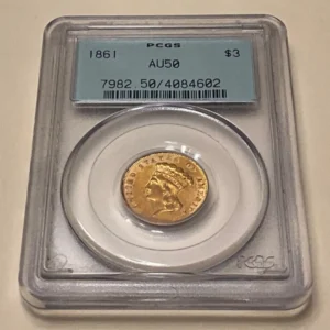 1861 PCGS GRADED INDIAN PRINCESS HEAD AU50 $3 GOLD COIN, 3 DOLLAR