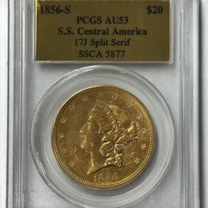 1856-S $20 Liberty PCGS AU53 SS Central America Shipwreck 1857-S NEW LISTING