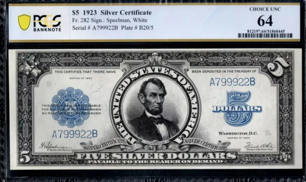$5 1923 Silver Certificate Fr. 282 LINCOLN PORTHOLE PCGS Ch Unc 64