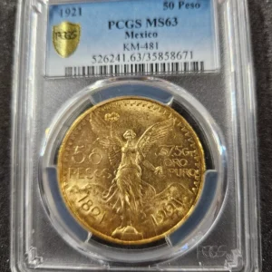 ???? 1921 Mexico 50 Peso Centenario Gold PCGS MS63 Shield KEY DATE Coin 1.2057 oz
