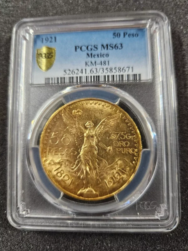 ???? 1921 Mexico 50 Peso Centenario Gold PCGS MS63 Shield KEY DATE Coin 1.2057 oz