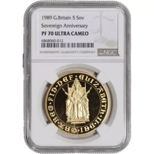 Graded NGC PF-70 Great Britain 1989 Gold 5 Pounds (5 Sovereigns)- 500th Anniv.