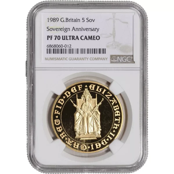 Graded NGC PF-70 Great Britain 1989 Gold 5 Pounds (5 Sovereigns)- 500th Anniv.