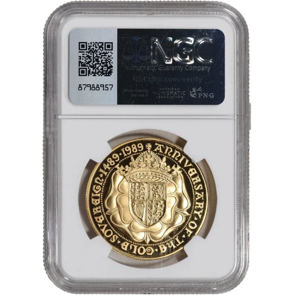 Graded NGC PF-70 Great Britain 1989 Gold 5 Pounds (5 Sovereigns)- 500th Anniv. - Image 2