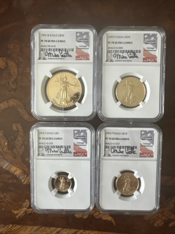 Rare  1993 4-coin Proof Gold Eagle Set NGC PF 70 Mike Castle Signed Low Pop