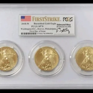 SET 2018 W BURNISH MOY GOLD EAGLES $50 PCGS SP70 First Day Of Issue Low Mintage