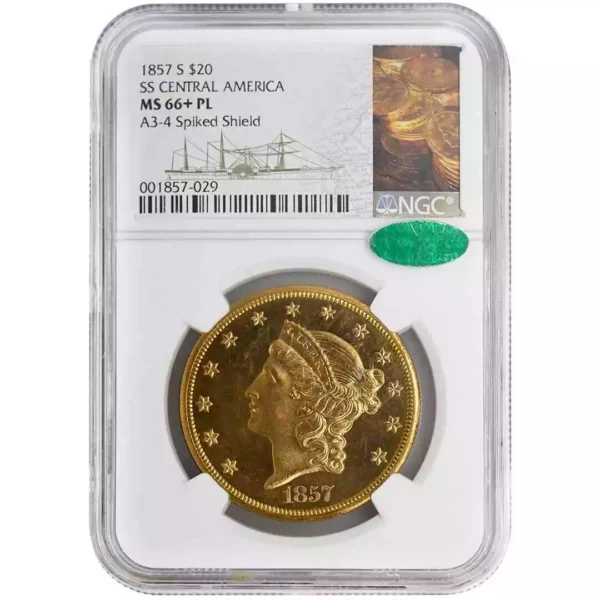 1857-S $20 Liberty Head, NGC MS66+PL CAC, SS Central America, Spike Shield Ra...