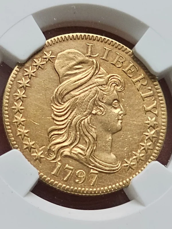 1797 DRAPED BUST 5.00 15 STAR SMALL EAGLE, NGC AU DETAILS BD-1, R.4 VERY RARE!