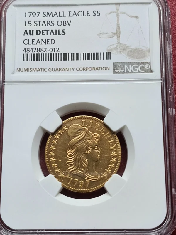 1797 DRAPED BUST 5.00 15 STAR SMALL EAGLE, NGC AU DETAILS BD-1, R.4 VERY RARE! - Image 2