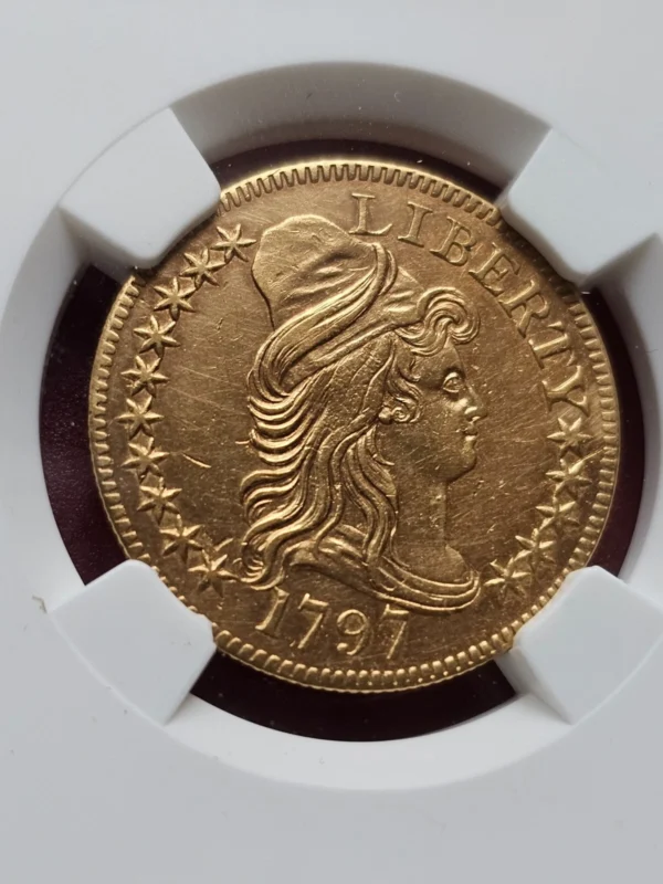 1797 DRAPED BUST 5.00 15 STAR SMALL EAGLE, NGC AU DETAILS BD-1, R.4 VERY RARE! - Image 6