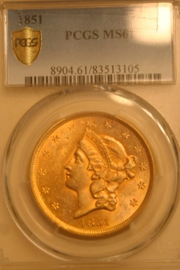 1851 $20 GOLD DOUBLE EAGLE PCGS SECURE MS-61 EXTREMELY NICE EYE APPEAL FOR MS-61 - Image 3