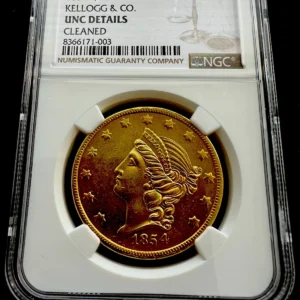 1854 Double Eagle $20 Gold Kellogg & Co NGC Uncirculated Territorial Very Rare