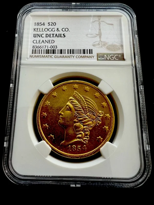 1854 Double Eagle $20 Gold Kellogg & Co NGC Uncirculated Territorial Very Rare