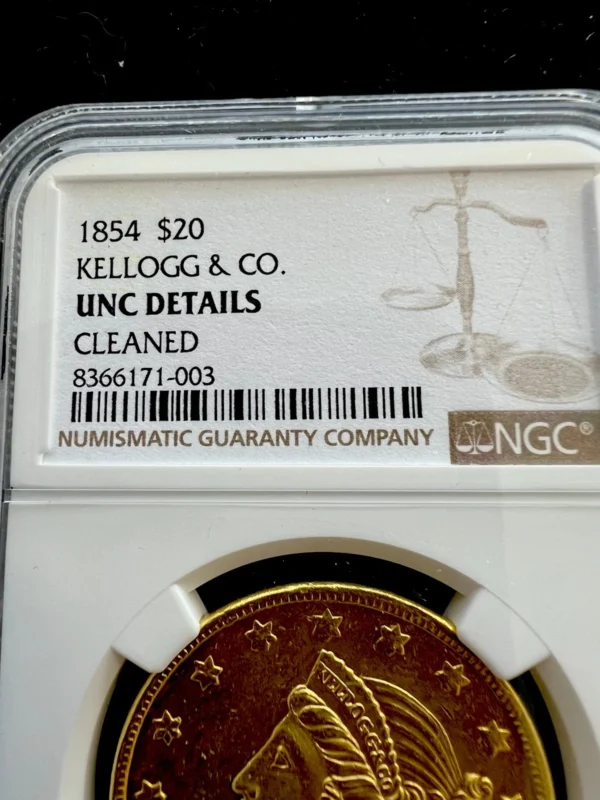 1854 Double Eagle $20 Gold Kellogg & Co NGC Uncirculated Territorial Very Rare - Image 5