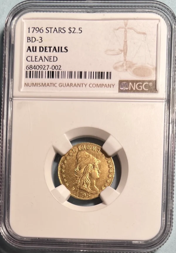 1796 With Stars $2.50 Draped Bust Quarter Eagle NGC AU Details Cleaned; 432 Made