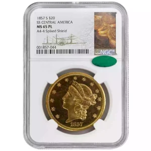 1857-S $20 Liberty Head, NGC MS65PL CAC, SS Central America Rare Coin