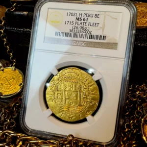1702 PERU BOB JOHNSON 8 ESCUDOS NGC 61 1715 FLEET SHIPWRECK PIRATE GOLD COINS