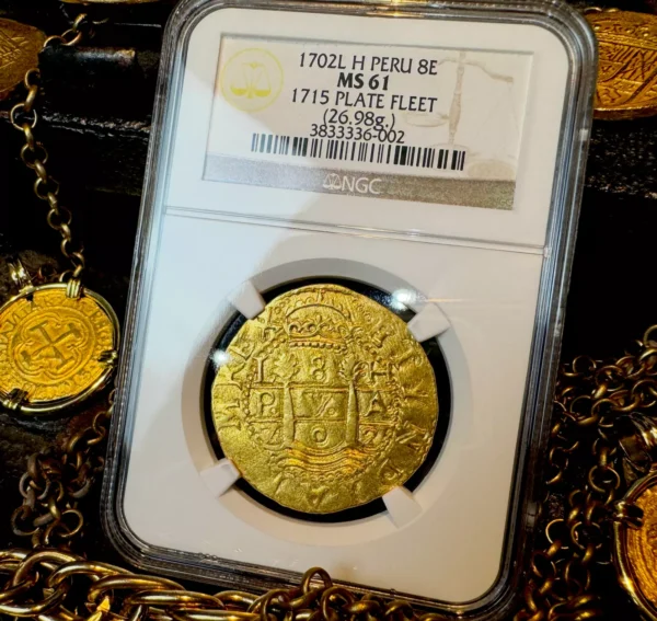 1702 PERU BOB JOHNSON 8 ESCUDOS NGC 61 1715 FLEET SHIPWRECK PIRATE GOLD COINS
