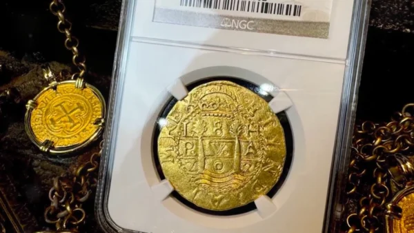 1702 PERU BOB JOHNSON 8 ESCUDOS NGC 61 1715 FLEET SHIPWRECK PIRATE GOLD COINS - Image 2