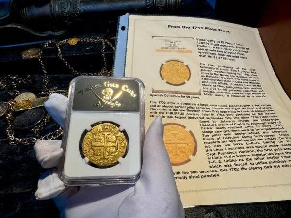 1702 PERU BOB JOHNSON 8 ESCUDOS NGC 61 1715 FLEET SHIPWRECK PIRATE GOLD COINS - Image 3