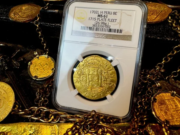 1702 PERU BOB JOHNSON 8 ESCUDOS NGC 61 1715 FLEET SHIPWRECK PIRATE GOLD COINS - Image 4