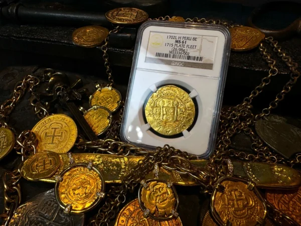 1702 PERU BOB JOHNSON 8 ESCUDOS NGC 61 1715 FLEET SHIPWRECK PIRATE GOLD COINS - Image 6