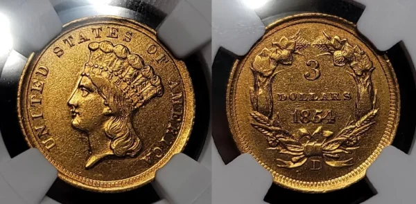 1854 D Three Dollar Gold $3 NGC AU 55 Dahlonega Mint!!