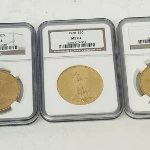 SET OF 3 MS62 CIRCA 1928 US $20.00 GOLD SAINT GAUDENS COINS  NGC