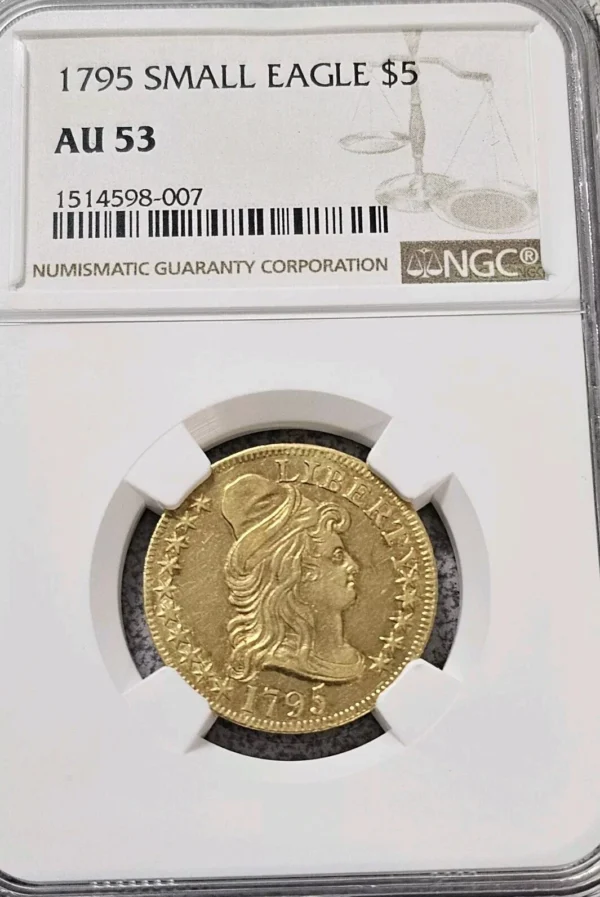 1795 $5 Gold Draped Bust Small Eagle AU53 NGC. FIRST YEAR OF ISSUE HALF EAGLE!!!