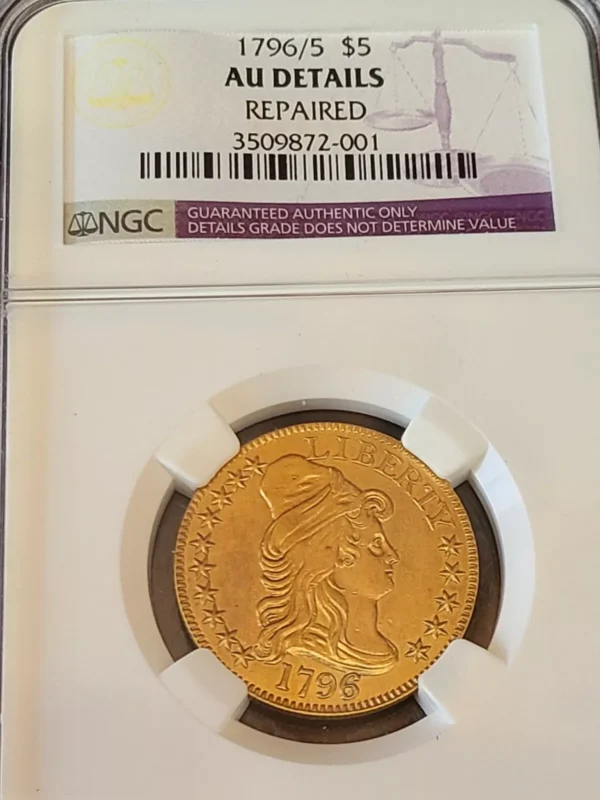 1796/5 DRAPED BUST 5.00 GOLD HALF EAGLE, NGC  AU DETAILS, VERY RARE OVERDATE! - Image 2