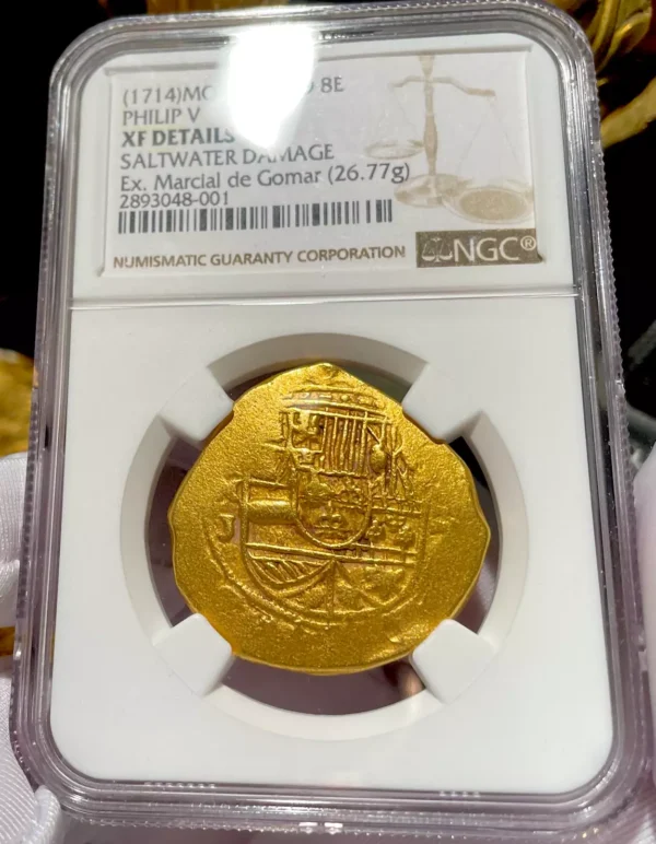 MEL FISHER COA MEXICO 1714 1715 FLEET SHIPWRECK 8 ESCUDOS NGC XF  PIRATE GOLD