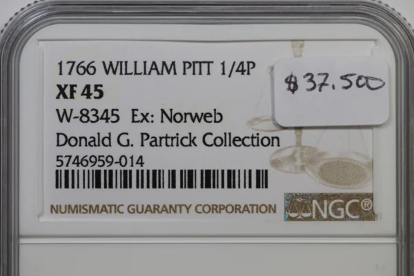 1766 W-8345 NGC XF 45 William Pitt Farthing Colonial Copper Coin 1/4P - Image 3