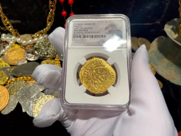 MEXICO 1714 8 ESCUDOS NGC UNC 1715 FLEET PIRATE GOLD SHIPWRECK COINS TREASURE - Image 4