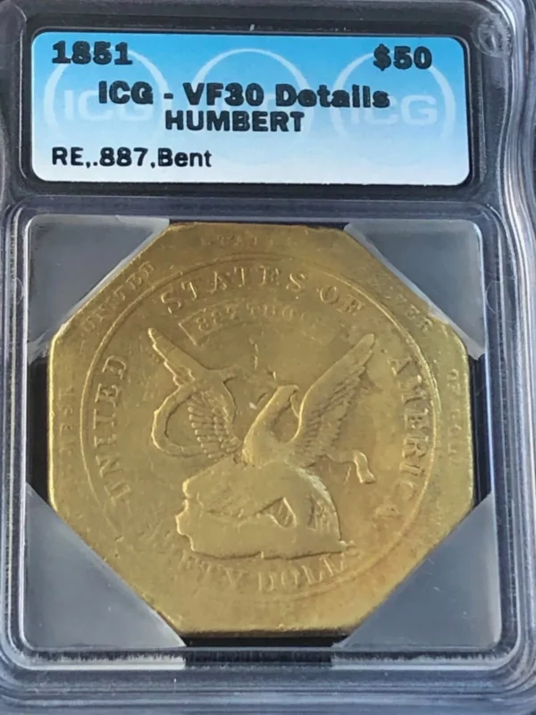 1851 $50 Humbert 887 Thous California Gold ICG VF 30 DETAILS--REAL 49ER  HISTORY