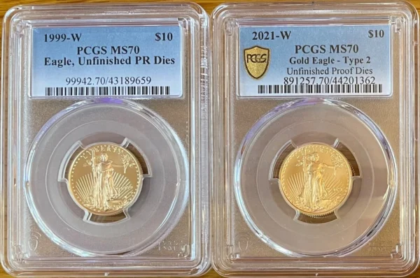(2) coins-1999w Unfinished Proof Die, 2021w Unfinished proof die BOTH PCGS MS70