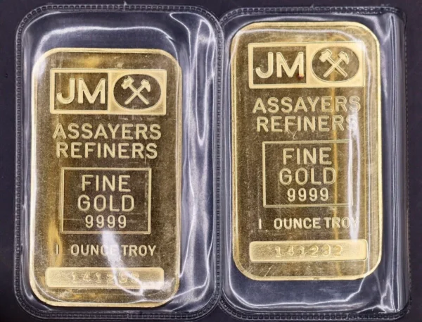 Vintage Johnson Matthey 1 oz Gold .9999 Fine Bar Sealed - Sequential Serial Pair